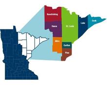 graphic spotlighting the 8 counties in NorthEast Minnesota: Cook, Lake, St. Louis, Carlton, Pine, Koochiching, Itasca, and Aitkin